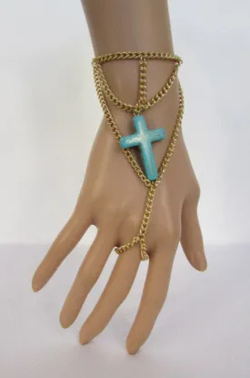 Gold Metal Hand Chain Bracelet Turquoise Blue Cross