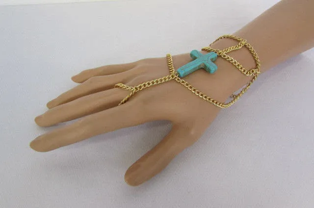 Gold Metal Hand Chain Bracelet Turquoise Blue Cross