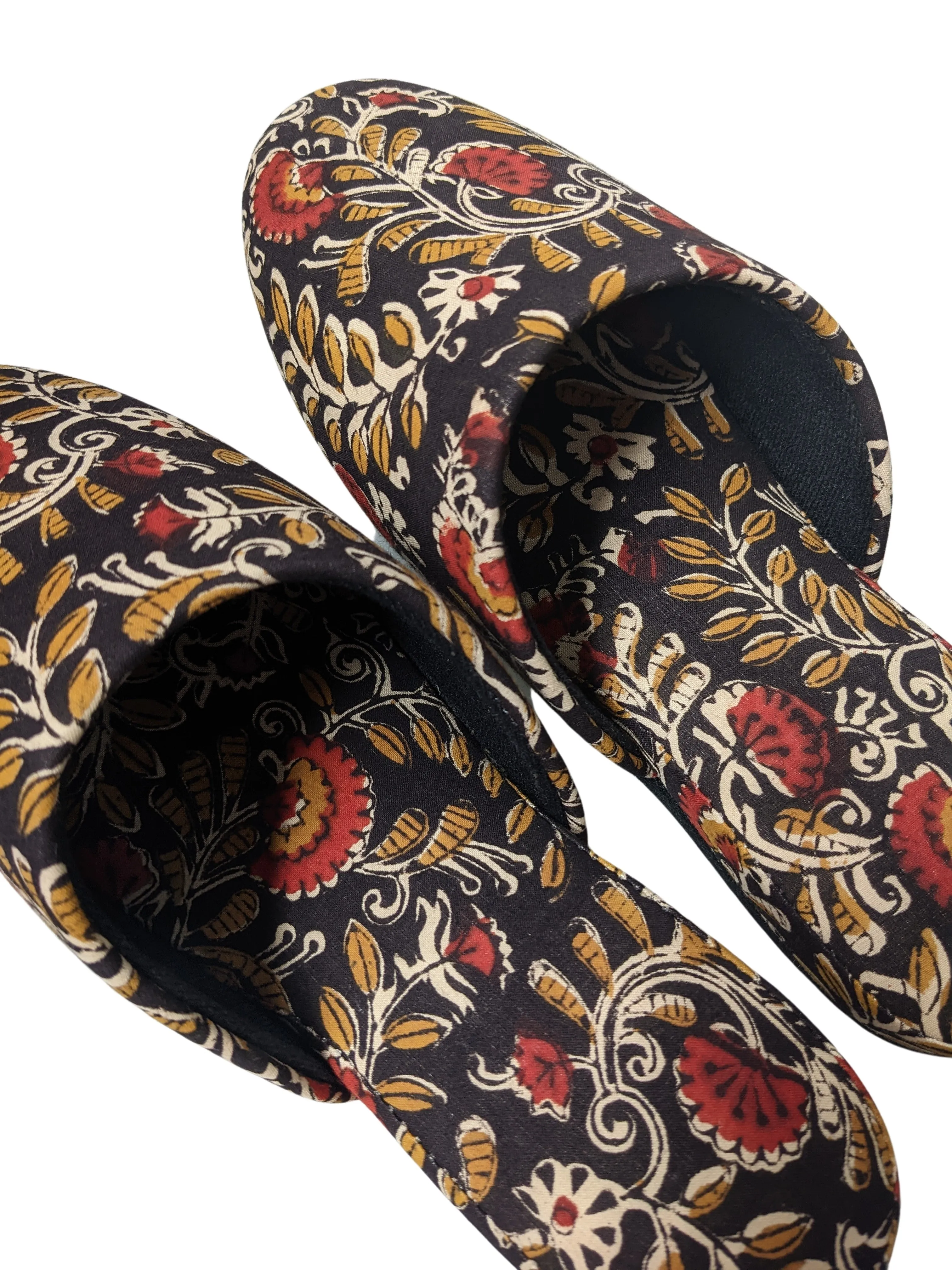 Medium Block Printing Flowers Mix Slippers [Black wool felt soles] MF2206 [Size Medium]