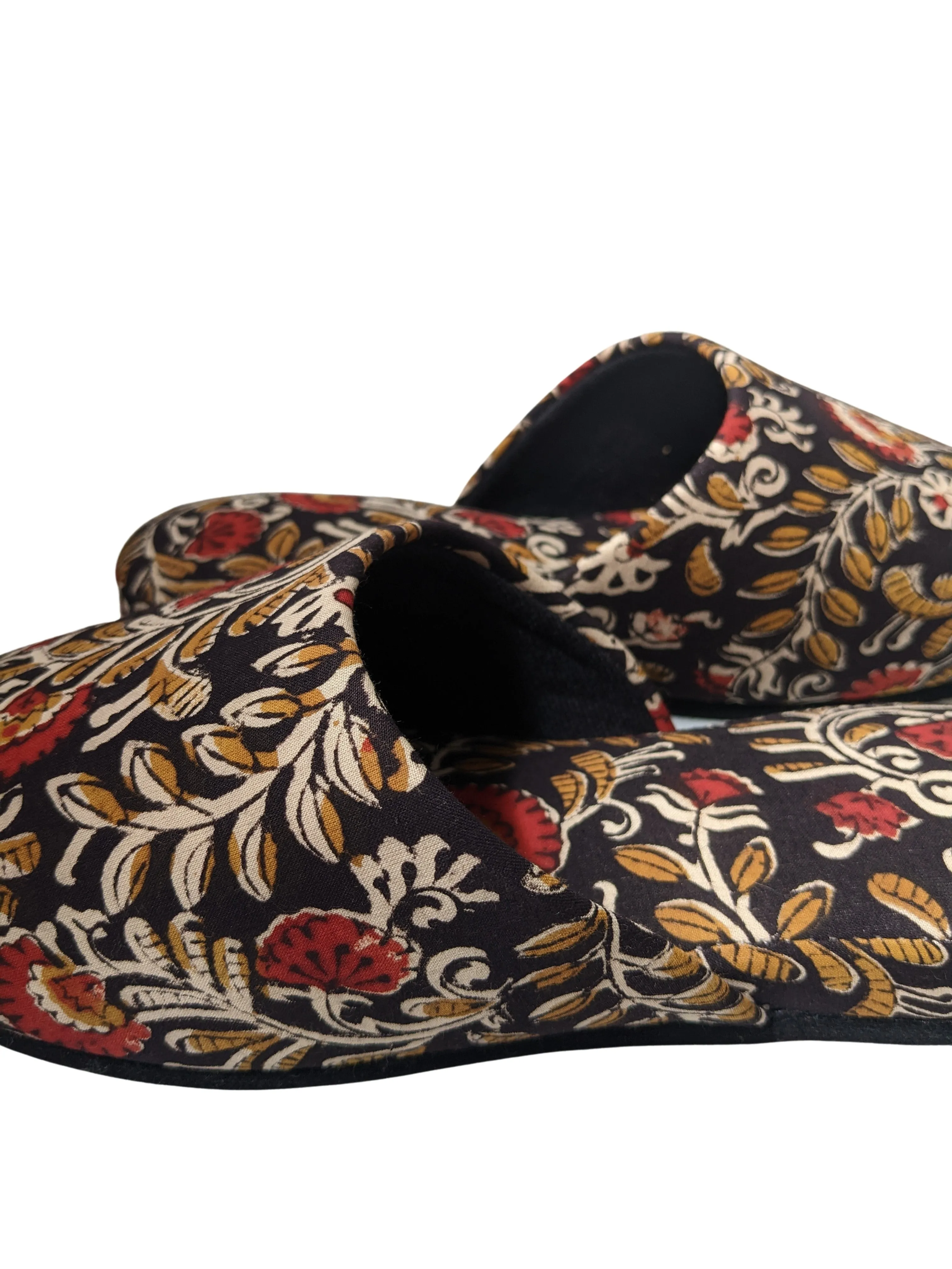 Medium Block Printing Flowers Mix Slippers [Black wool felt soles] MF2206 [Size Medium]