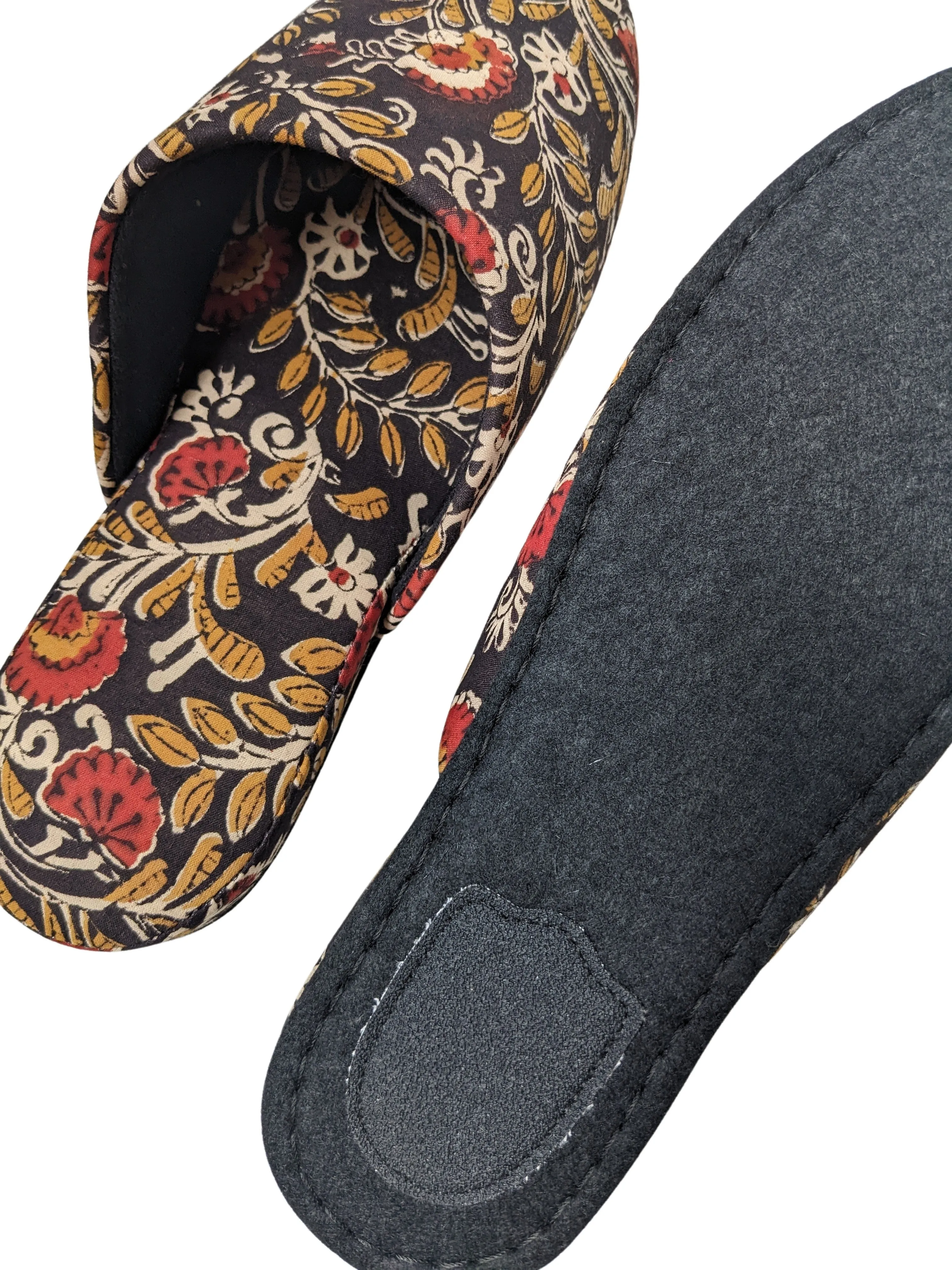 Medium Block Printing Flowers Mix Slippers [Black wool felt soles] MF2206 [Size Medium]