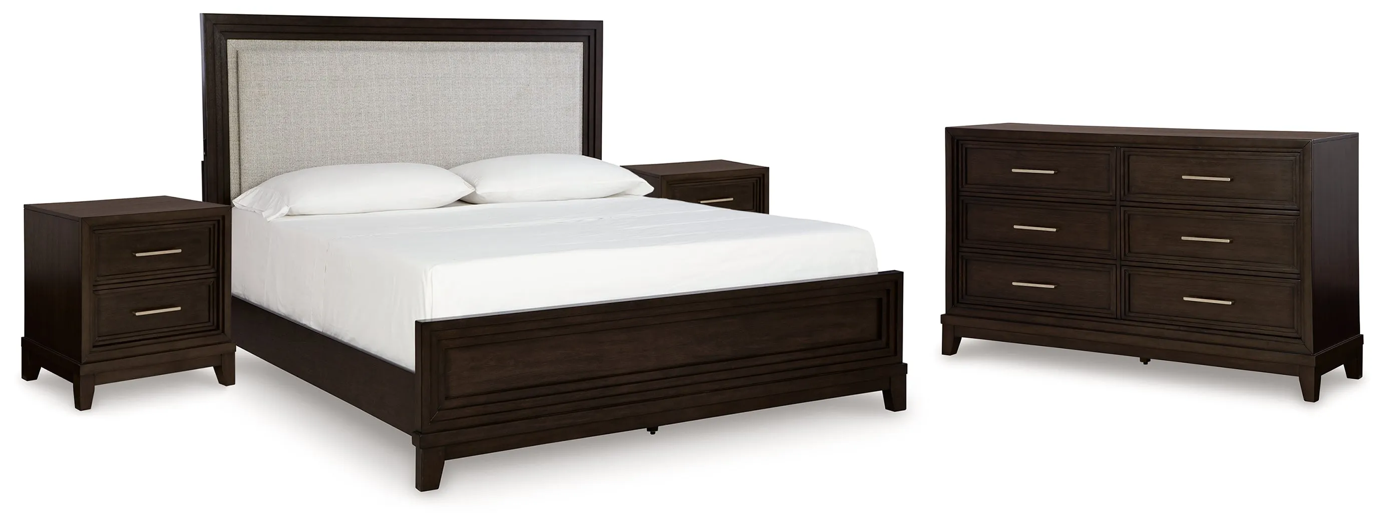 Neymorton King Upholstered Panel Bed with Dresser and 2 Nightstands in Dark Grayish Brown