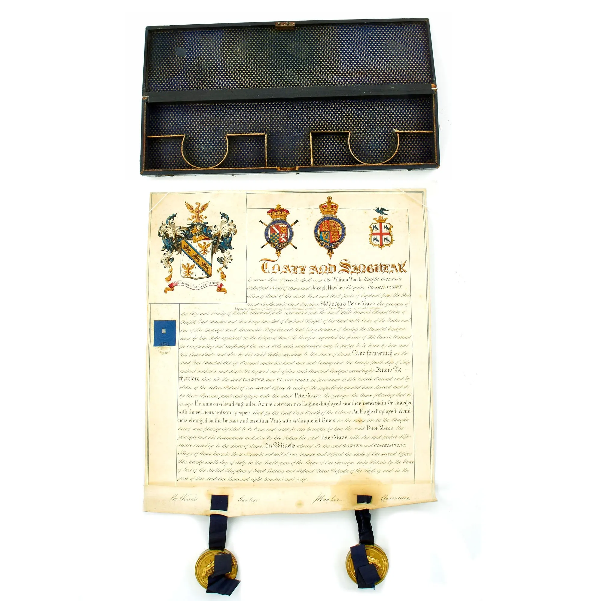 Original British 1840 Cased Arms Document Awarded by Queen Victoria to Peter Maze Esquire of Bristol