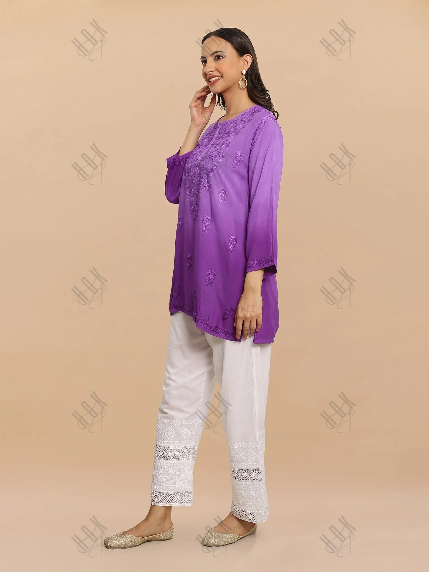 Saba Chikankari Short Kurta in Rayon cotton - Purple