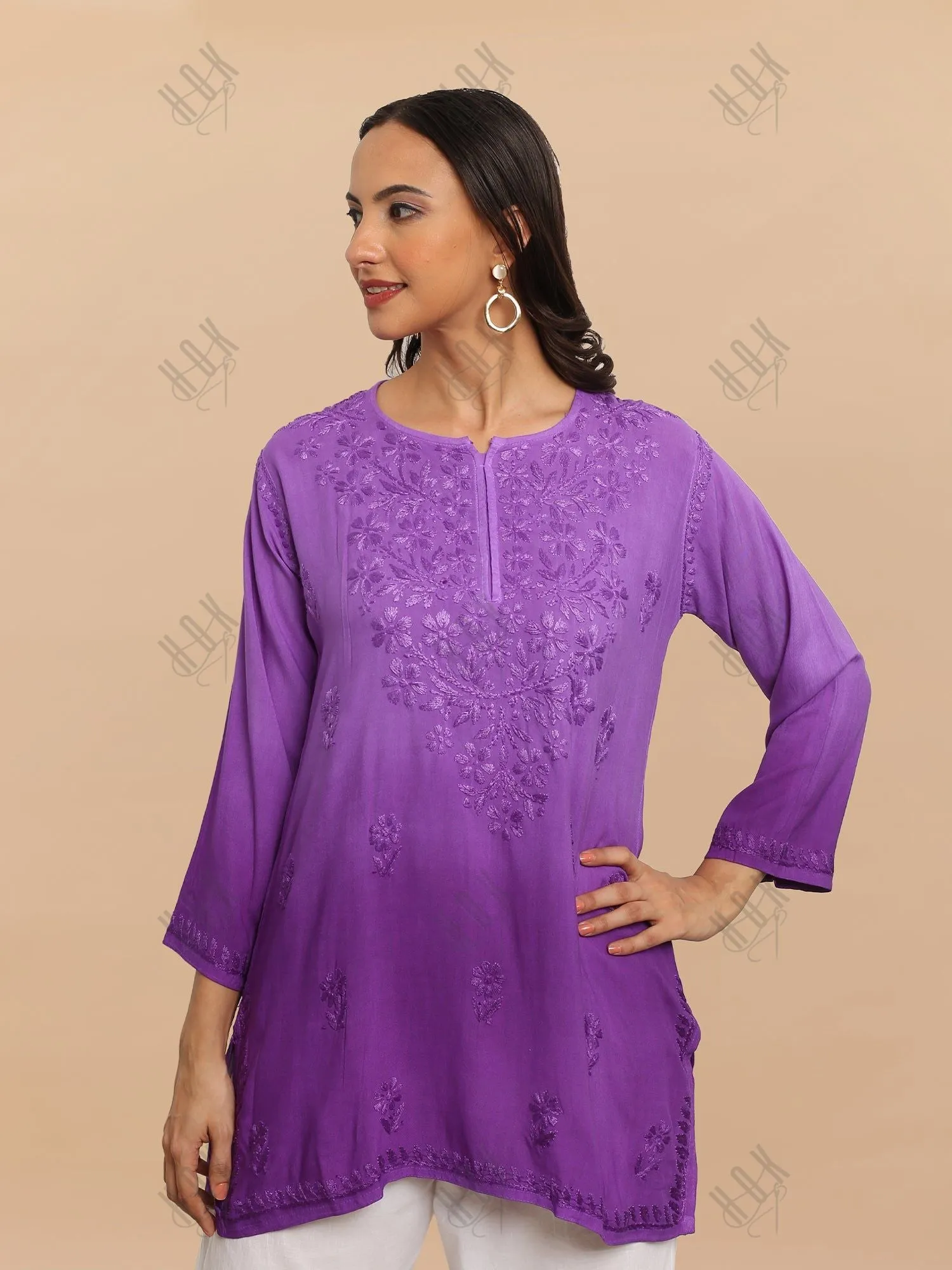 Saba Chikankari Short Kurta in Rayon cotton - Purple